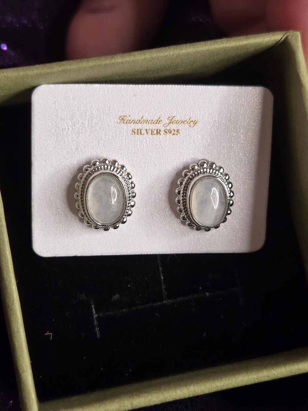 Handmade 925 Sterling Silver Moonstone Oval Stud Earrings - White